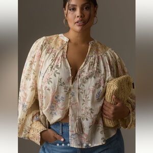 By Anthropologie long sleeve smocked lurex top blouse metallic buttons shirt